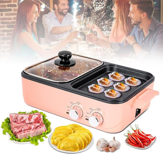 Electric Hot Pot with Grill, 2 in 1 Aluminum Alloy Non-Stick Cooker Indoor Electric Pot and Griddle for Korean BBQ, Steaks, Independent Dual Temperature Control, Fast Heating