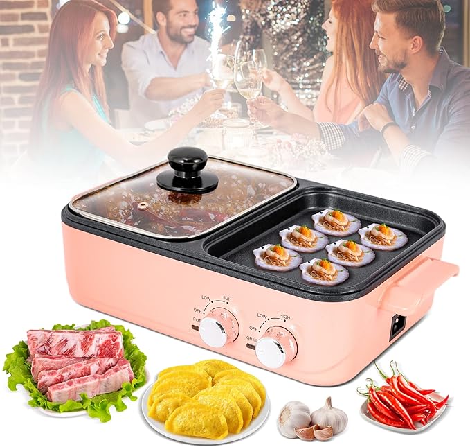 Hot Pot Electric with Grill, 2 in 1 Indoor Non-Stick Electric Pot and Griddle Yin-Yang Nonstick Skillet Indoor Smokeless BBQ Grill for Family Party, Adjustable Temperature, for 2-3 people (Rectangle)