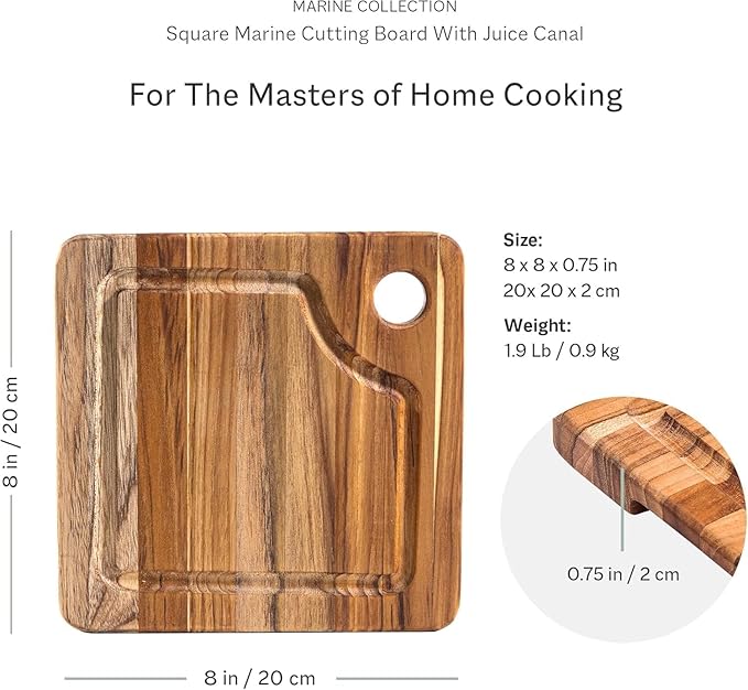 Teakhaus Marine Cutting Board with Juice Groove - Small Square Bar Cutting Board with Corner Hole - Reversible Teak Edge Grain Wood - Knife Friendly - FSC Certified - 4-pack