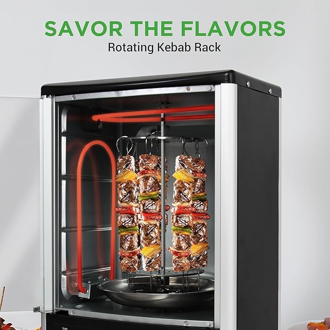 Nutrichef Vertical Countertop Oven with Rotisserie, Bake, Broil, & Kebab Rack Functions - Adjustable Settings - 2 Shelves - 1500W - Thanksgiving Turkey - Includes Grill, Kebab skewer racks & bake pan