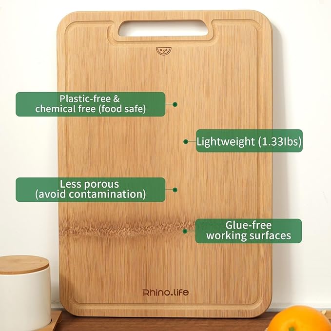 No Glue and Healthy & Organic Wooden Non Toxic Small Bamboo Cutting Board with hands for Kitchen,Plastic Free, Juice Groove, Non-solid Wood Cutting Board for Meat, Vegetables and Fruits (12 * 8inch)