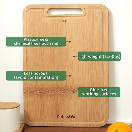No Glue and Healthy & Organic Wooden Non Toxic Small Bamboo Cutting Board with hands for Kitchen,Plastic Free, Juice Groove, Non-solid Wood Cutting Board for Meat, Vegetables and Fruits (12 * 8inch)