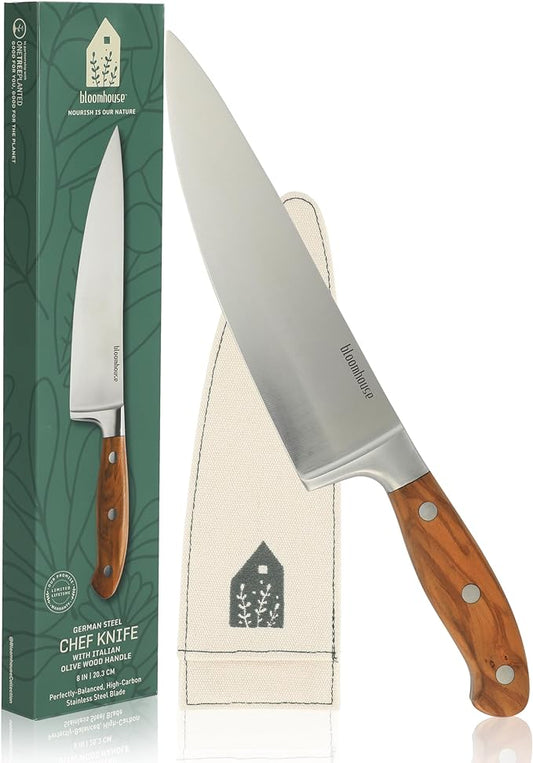 Bloomhouse - Two Time Oprah's Favorite Things Winner - 8-Inch Chef Knife – German Stainless Steel Blade with Forged Italian Olive Wood Handle, Full Tang Kitchen Knife for Slicing, Dicing & Chopping