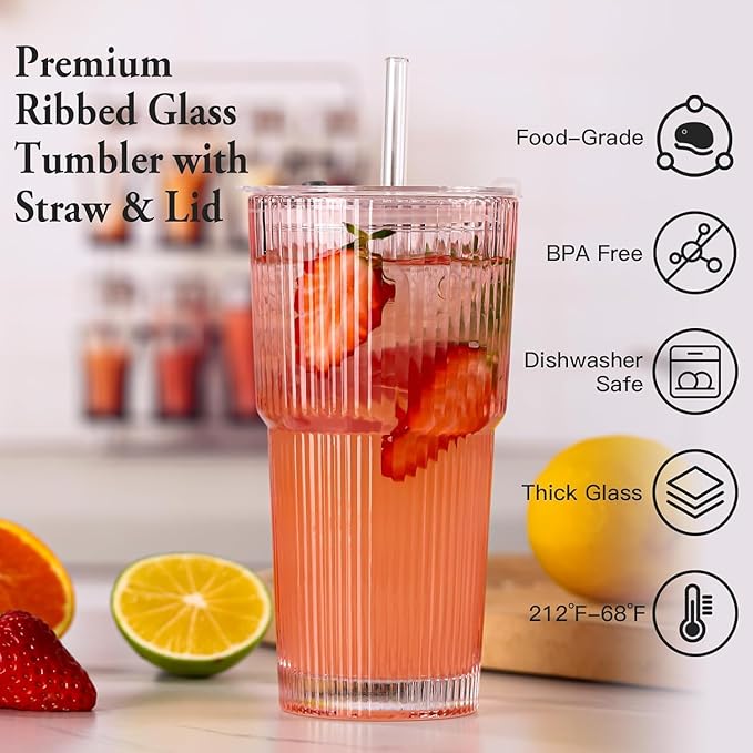 4PCS Colored Ribbed Glass Cups with Lids and Straws, 20oz Vintage Drinking Glasses, Aesthetic Iced Coffee Cups, Glass Tumbler for Boba, Beer, Tea, Cocktails, Ribbed Glassware Set,Colored