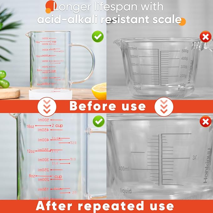 77L 2 Cup Glass Measuring Cup with Handle, High Borosilicate Glass Measuring Cup with V-Shaped and Three Scales (Cup, OZ, ML), Glass Liquid Beaker with Silicone Base, Double-Sided Measure Scales