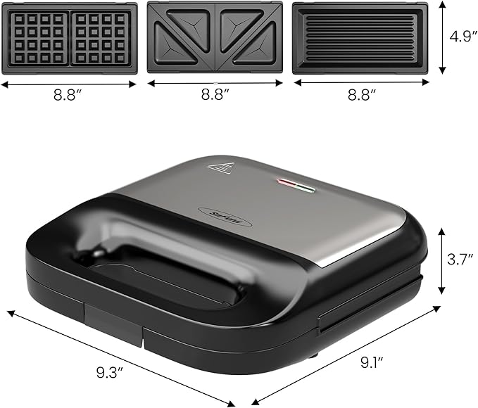 SUNVIVIPRO 3-in-1 Waffle Iron, Electric Sandwich Maker and Panini Press Grill, Non-Stick Removable Plates, Black