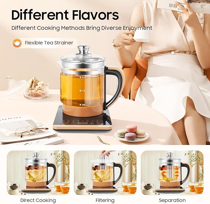 Electric Tea Kettle, 1.8L 800W Multifunctional Glass Kettle Health Pot Tea Maker Household W/Filter+ Digital Heating Base For Health Medicine Meals, Boiled Eggs, Noodles, Coffee, Soup, Hot Pot