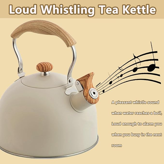 Tea Kettle,2.6 Quart Whistling Tea Kettle, Food Grade Stainless Steel Whistling Tea Pot with Wood Pattern Handle,Works For All Stovetops(Beige-2.6 Quart)
