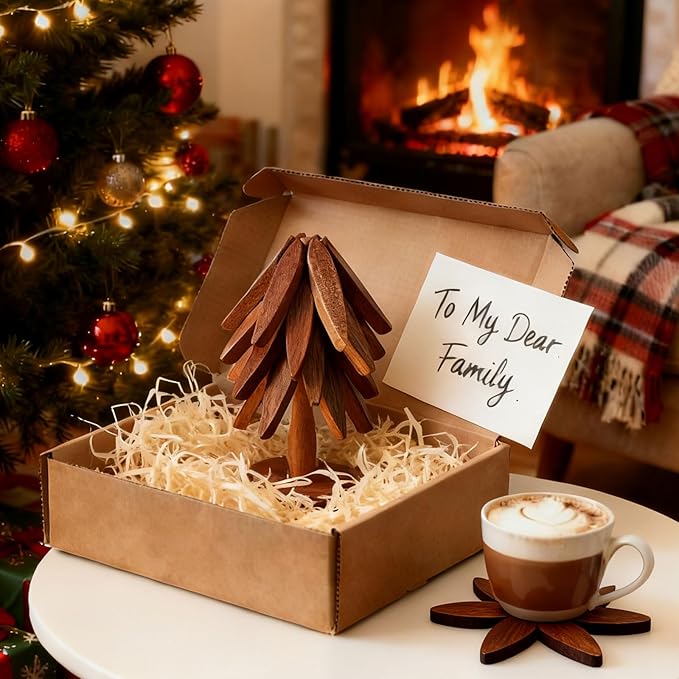 Wooden Tree Trivets for Hot Dishes: 4 Trivets and 1 Stand Christmas Tree Coasters for Pot Bowl Cup Teapot Pans Hot Pot Holder