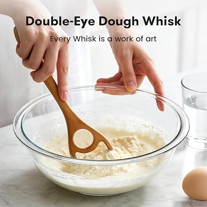 Danish Dough Whisk - 12.6" Solid Beech Wood Bread Whisk for Batter, Pizza Dough & Baking - Upgraded One-Piece Sourdough Whisk with Flow-Through Design-2 Pack