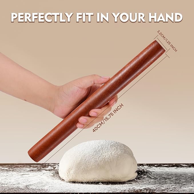 Wood Rolling Pin (15.75 Inches), Non-Stick Rolling Pin for Baking, Natural Sapele Wood Dough Roller for Pizza, Fondant, Pie, Cookie, Pastry, Essential Kitchen Tool