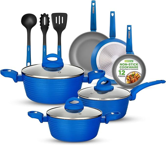 NutriChef 12 Piece Nonstick Cookware Set - PFOA/PFOS-Free Heat Resistant Lacquer Kitchen Ware Pots and Pans Set - Induction Ready Cookware Includes Saucepot, Pans, Cooking Pot Oven Pot, Lid, Utensils