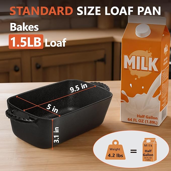 Lvmol 9.5×5 Inch Cast Iron Loaf Pan - Pre-Seasoned Sourdough Bread Baking Pan, Even Heat Distribution for Homemade Bread