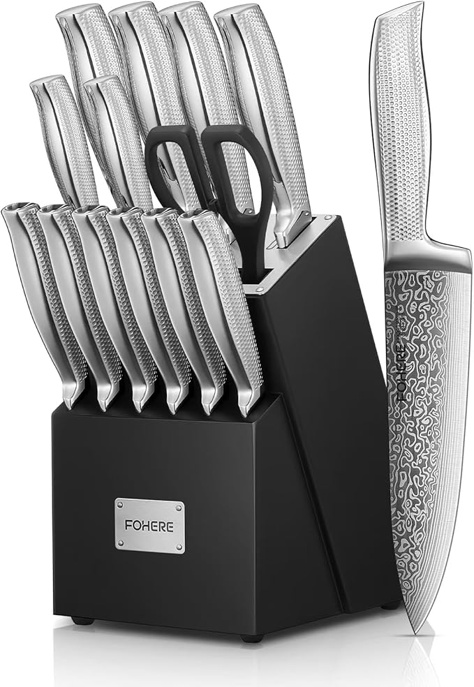 Knife Block Set, FOHERE Knife Set with Advanced Self Sharpening Technology, 14 Pieces Waved Texture Kitchen Knife Set, Stainless Steel Knife Set with Block, Sharp Knives with Non-slip Ergonomic Handle