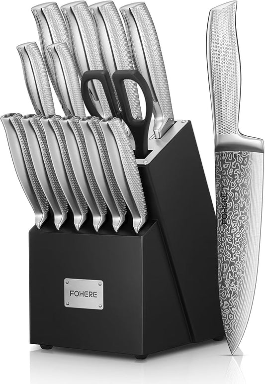 Knife Block Set, FOHERE Knife Set with Advanced Self Sharpening Technology, 14 Pieces Waved Texture Kitchen Knife Set, Stainless Steel Knife Set with Block, Sharp Knives with Non-slip Ergonomic Handle