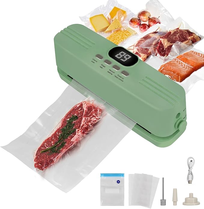 Vacuum Sealer Machine For Food, Mini Cordless Vacuum Sealer, 3-in-1 Portable Vacuum Sealer with 4 Snack Bags, 1 Storage Bag, 1 Inflation Pump, 1 Needle & 1 Nozzle (Green)