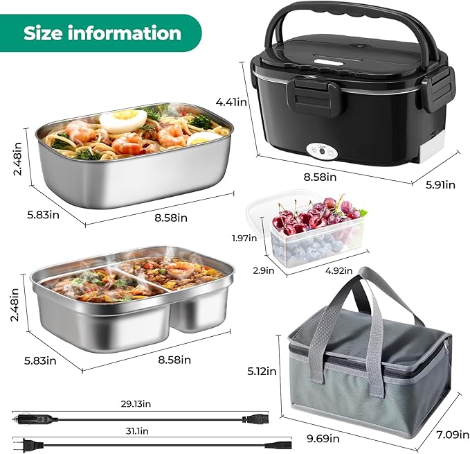 Electric Lunch Box for Adults 100W Fast Heated Lunch Box for Men Women with Dual 1.5L Stainless Steel Containers Fast Heating Portable Food Warmer 12V/24V/110V Lunch box, Home/Office/Truck