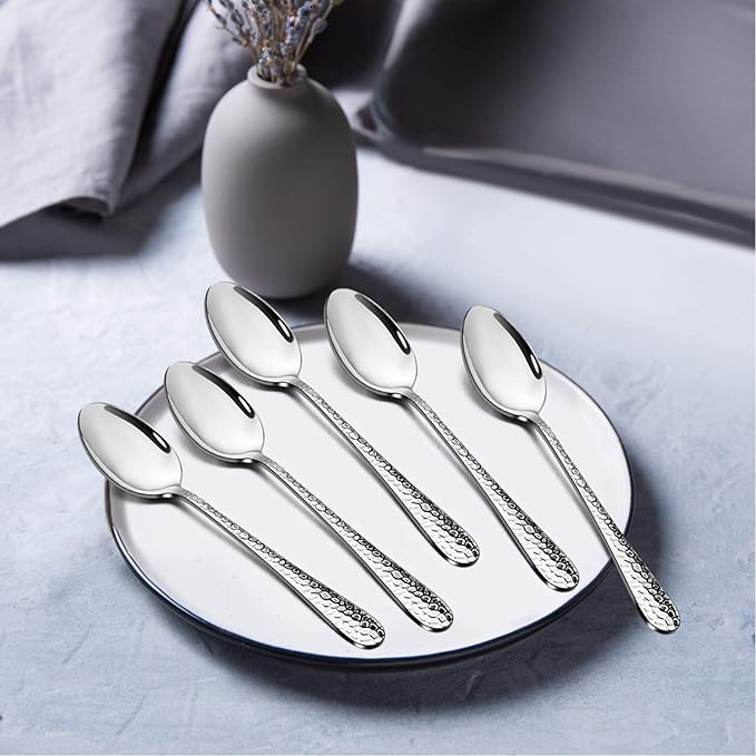 Hammered Teaspoons Set of 6, E-far Stainless Steel Modern Silverware Flatware Dessert Spoons for Home, Kitchen, Restaurant, Round Edge & Mirror Polished, Dishwasher Safe - 6.7 Inches