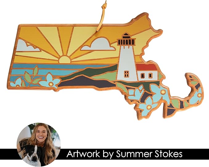 Totally Bamboo Massachusetts State Shaped Cutting Board and Charcuterie Serving Platter with Artwork by Summer Stokes, Includes Hang Tie for Wall Display