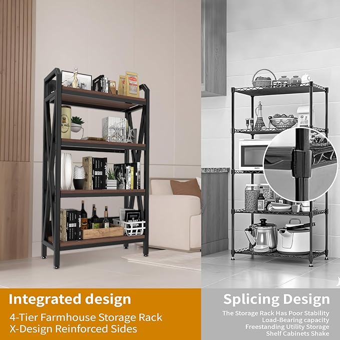 Bakers Rack with 4-Tier Adjustable Wood Shelves, Heavy-Duty Metal Frame Kitchen Shelf Organizer, Microwave Stand for Kitchen, Living Room, Apartments, 33.5'' Wide for Extra Space