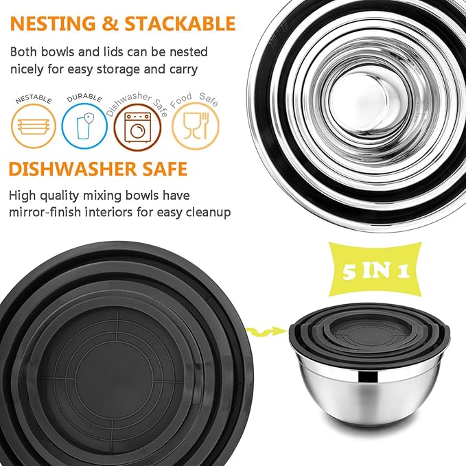 E-far Stainless Steel Mixing Bowls Set of 5, Size 7/3.5/2.5/1.5/1 QT, Metal Nesting Bowls with Black Airtight Lids & Non-Slip Bottoms, Great for Kitchen Cooking, Baking, Serving, Food Prep