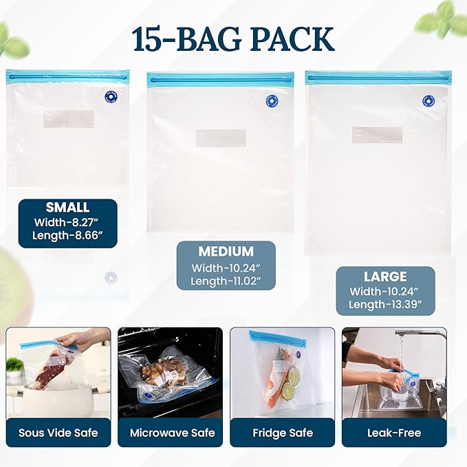 Food Vacuum Sealer Bags – 15 Pack Reusable Bags with Leakproof Zip Seal & Air Valve – Microwave, Freezer & Reusable Sous Vide (Small)