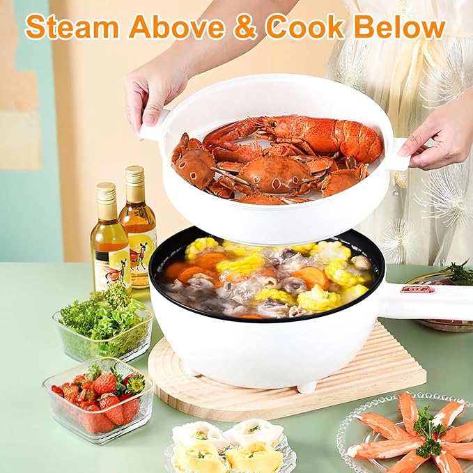 iMounTEK Electric Hot Pot Non-Stick Frying Pan Portable Rapid Noodles Cooker with Long Handle Steamer Spatula Dual Power Control Overheat Dry-Boil Protection for College Dorm Room Essential for Party
