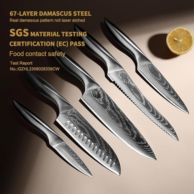 5 PCS Damascus Chef Knife Set, Ultra-Smooth Cutting Experience and Professional Grade Sharp, Kitchen Knife Set,Handle Ergonomic Design,9CR18MOV High Carbon Stainless Steel,Dishwasher Safe