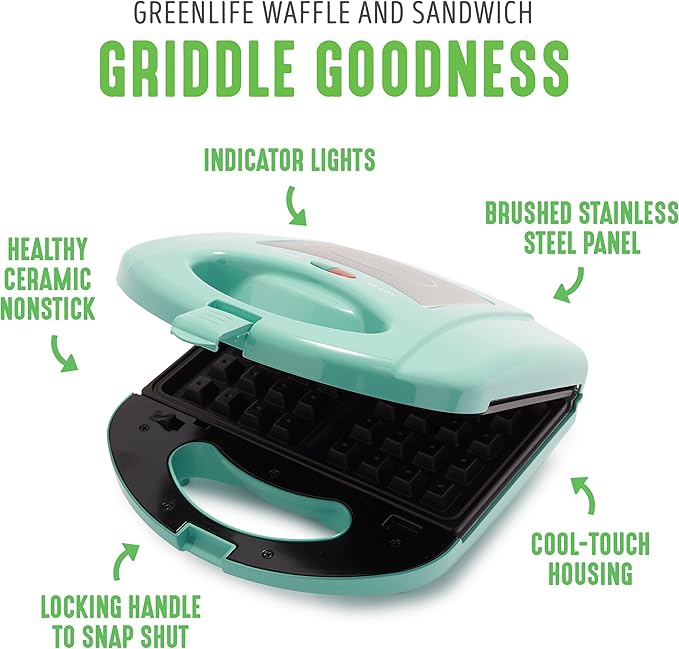 GreenLife Electric Waffle Sandwich Maker, Toaster, Panini Press with Healthy Ceramic Nonstick Plates, Perfect for Tuna Melts, Crispy Rice, Grilled Cheese, LED Indicator Light, PFAS-Free, Turquoise