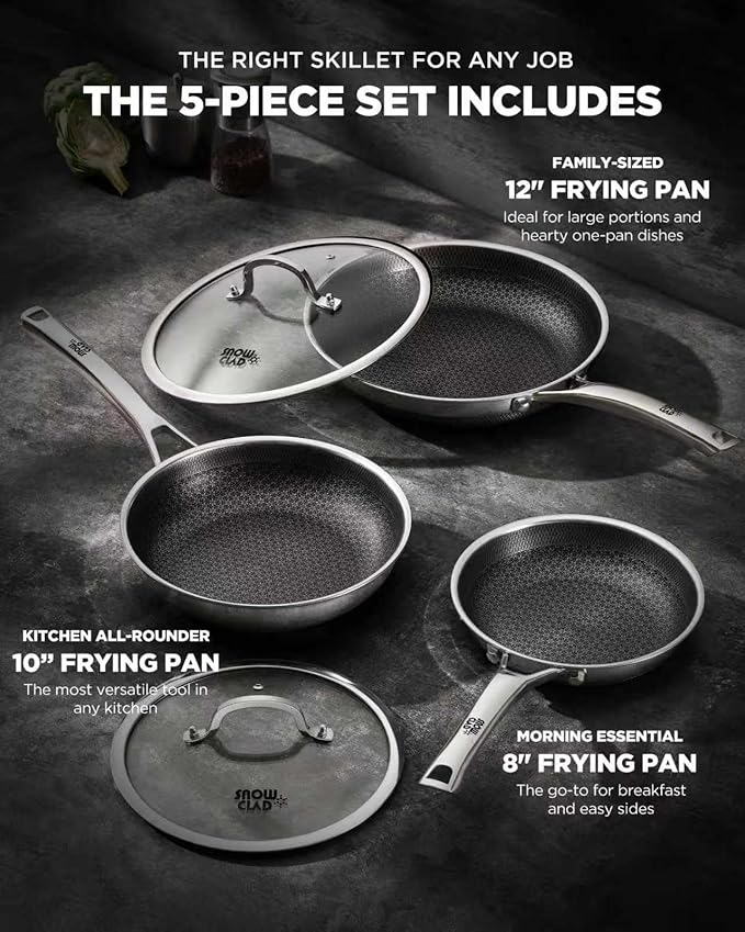 Yonida Non Stick Frying Pans with 2 Lids, 8+10+12 inch, Hybrid Frying Pans Set Nonstick,Skillets Stainless Steel Upgrade, Dishwasher & Oven-Safe, Induction Compatible Cooking Pan, PFOA Free Cookware