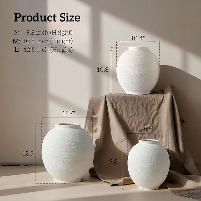 Large White Ceramic Flower Vase Home Decor, Round Rustic Table Vases Farmhouse Living Room Entrway Kitchen Bedroom Decorations，Minimalist Hand-Made Textured Vase (10.8” Sandstone White)
