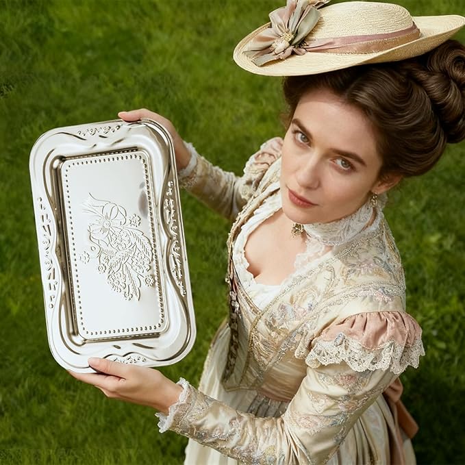 4-Pack Silver Serving Trays Set - ZENOVLUX Lightweight Bow Floral Engraved Mirror Decorative Tray, 13.8" x 8.7" Party Platters for Valentine's Day, Food, Appetizer, Charcuterie, Cookies, Desserts
