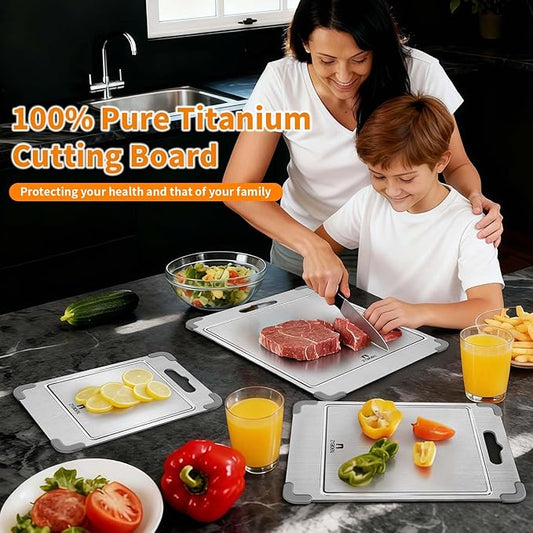 ZYBIDEAL 3Pcs 100% Pure Titanium Cutting Board with Grooves, Update Double Side Titanium Chopping Board, Silicone Anti-slip Stainless Cutting Boards Set for Kitchen