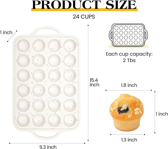 AOTASO 2 Pcs Mini Muffin Pans with Metal Reinforced Frame, 24 Cups Nonstick Silicone Cupcake Tray for Baking, Food Grade Small Muffin Molds with Handles (Cream)