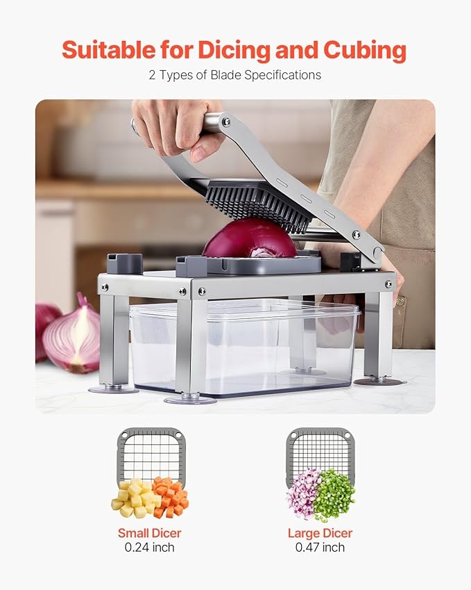 8-in-1 Mandoline Slicer & Vegetable Chopper, Includes 8 Stainless Blades for Cheese, Onion, Potato, Salad, Comes with 55.8 oz Container and Suction Cup Base