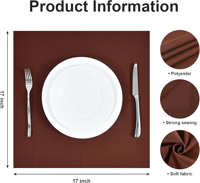 Wolkemer Set of 4 Chocolate Cloth Napkins 17 x 17 Inches Solid Washable Polyester Dinner Napkins with Hemmed Edges for Dinners Parties Weddings Banquets Events Table Decoration