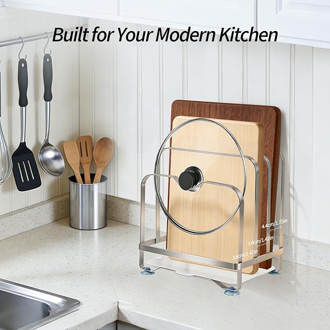 Stainless Steel Cutting Board Organizer Rack with Draining Tray, 3 Slots Kitchen Countertop Holder for Pot Lids, Heavy Duty Anti-Slip Stand for Thick & Thin Boards, Rustproof Storage