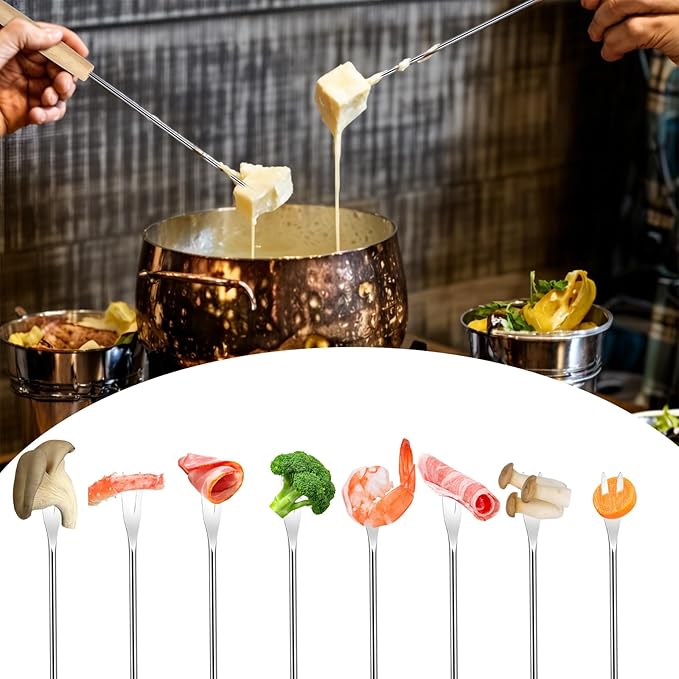 6Pcs 9.5'' Stainless Steel Fondue Forks Cheese Fondue Sticks with Color-Coding Heat-Resistant Wooden Handles, Ideal for Chocolate Fountain, Roasting Marshmallows, Grilling Meat, Desserts & Barbecue