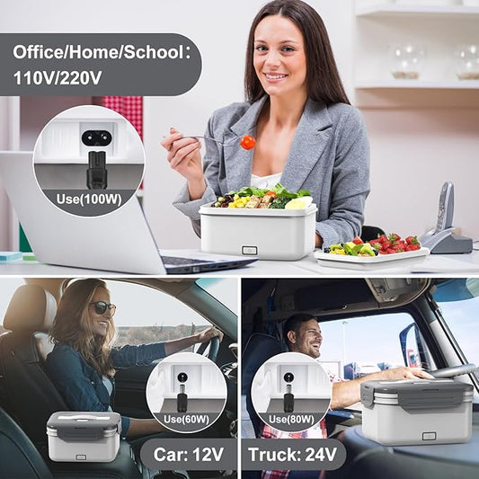 Electric Lunch Box Food Heater 100W, 4 in 1 Ultra Quick Heated Lunch Boxes for Adults 12V/24V/110V/220V Portable Food Warmer for Car/Truck/Office With Fork Spoon and Insulated Carry Bag