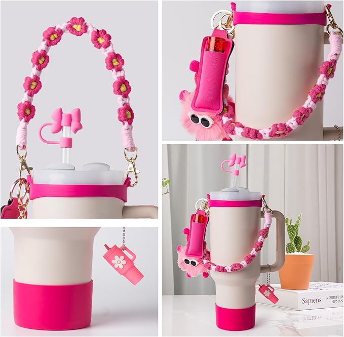 Stanley Cup Accessories Set I Water Bottle Handle Strap, Silicone Cup Boot, Lipstick Holder, Keychain Charms & Handle Charms,Straw Topper Accessories for Stanley Cups 40oz/30oz