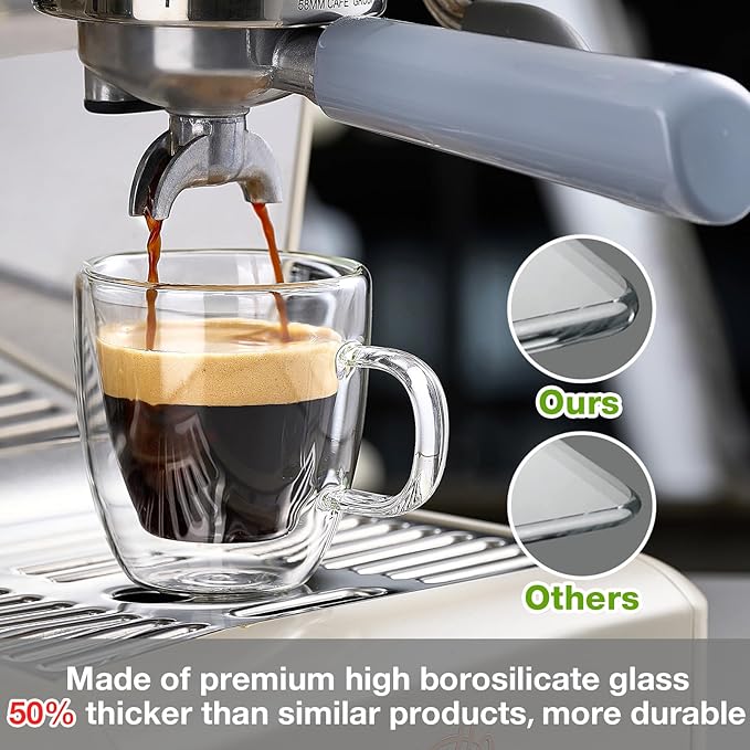 Mfacoy Glass Double Wall Insulated Espresso Cups (Set of 2), 5.4 oz Shots Cup with Handle, Insulated Glasses Mugs, Small Coffee Cups, Shot Glass