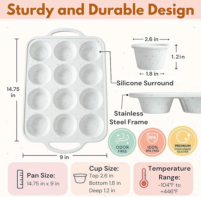 Regular Size 12 Cup Silicone Muffin Pans for Baking with Metal-Reinforced Handles – Nonstick Silicone Cupcake Pan, Easy-Release, BPA-Free Muffin Tray, Oven & Dishwasher Safe – 1 PACK - Cream