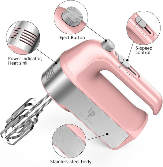 Hand Mixer Electric, 450W Kitchen Mixers with Scale Cup Storage Case, Turbo Boost/Self-Control Speed + 5 Speed + Eject Button + 5 Stainless Steel Accessories, For Easy Whipping Dough, Cream, Pink