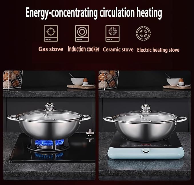 Nonstick Frying Pan Double Flavor Hot Pot Stainless Steel Shabu Hot Pot for Electric Induction Cooktop Gas Stove Kitchen Everything Pot with Glass Lid Stove Pot Uncoated Cookware,28CM