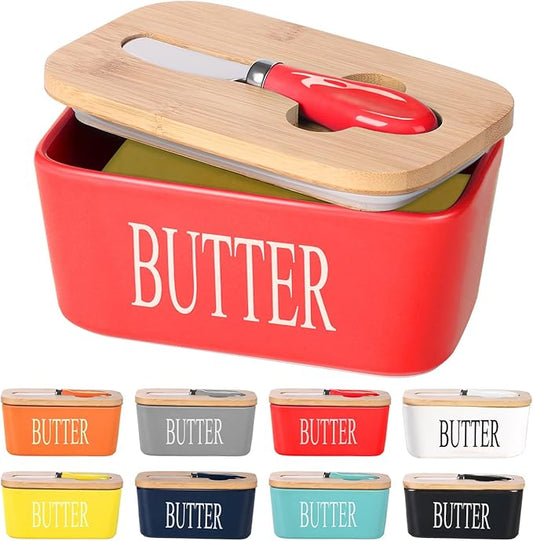 Ceramic Butter Dish with Wooden Lid, Large Butters Container Keeper Storage with Stainless Steel Knife Spreader, Bamboo Cover and Silicone Sealing Ring for West East Coast, Red
