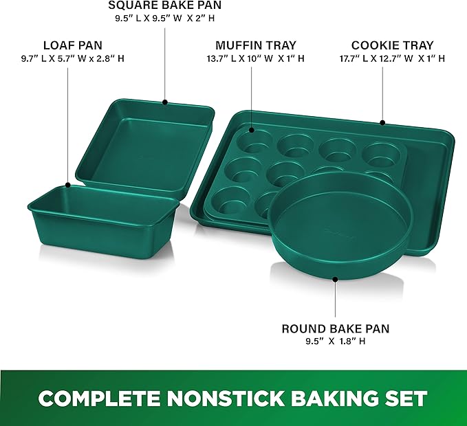 Granitestone Green Nonstick Bakeware Set, 5 Piece No Warp Baking Pans Set, Baking Set Includes Even Heating Baking Sheet for Oven, Muffin Pan, Loaf Pan, Baking Pan & Round Baking Tray, Dishwasher Safe