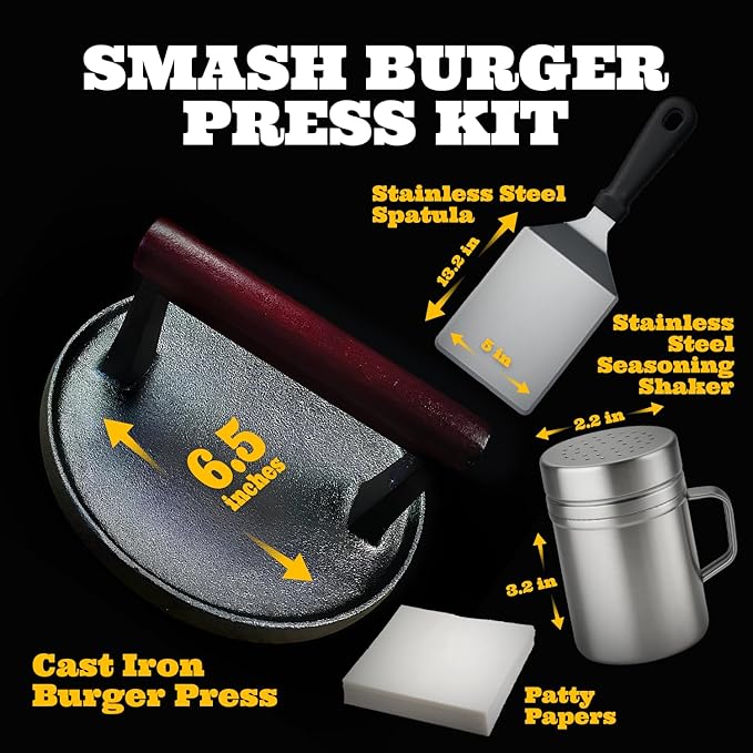 IAN's Smash Burger Press Kit - Cast Iron Burger Press (6.5 in), Smash Burger Spatula, Patty Pakers & Seasoning Shaker - Griddle, Flat Grill, Hibachi Accessories - Gifts for Dad