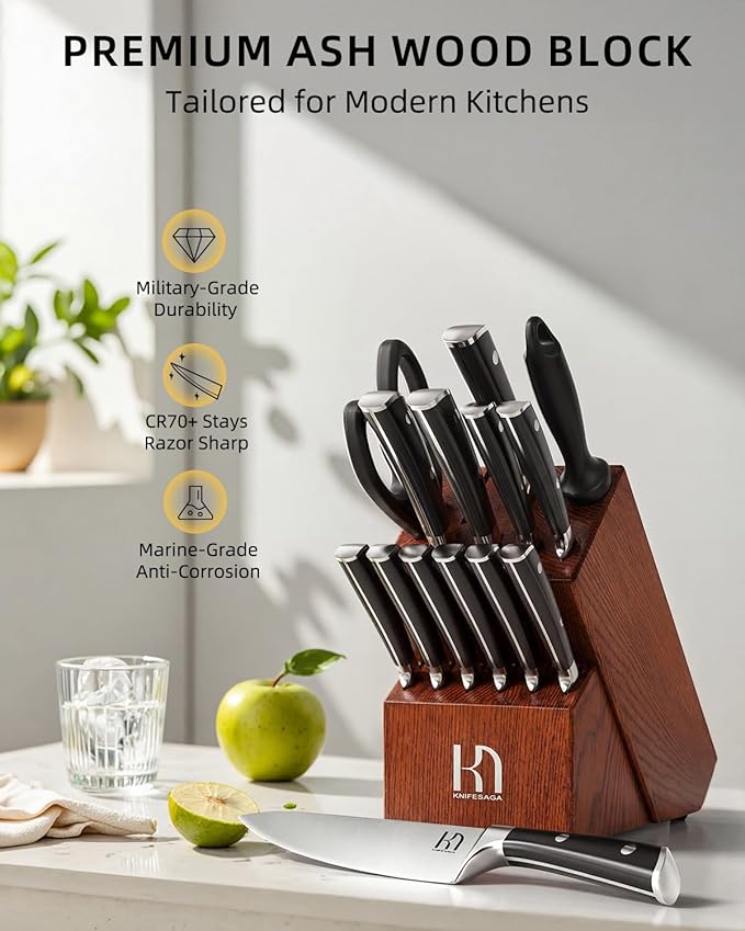 Knife Set, 15 Pcs Kitchen Knife Block Set, Enduring Razor-Sharp Japanese High Carbon Stainless Steel Chef Knife Set with Block and Sharpener, Premium Knives Set for Kitchen, Brown Ash Wood