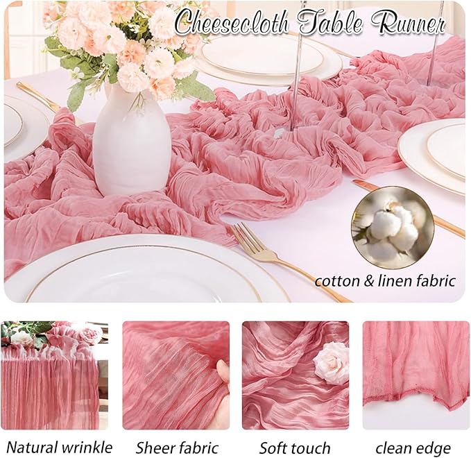 Dusty Pink Cheesecloth Table Runner 1 Pack 35" Boho Gauze Runner 120 inches Long Runner Rustic Sheer Fabric Bulk for Baby Shower Wedding Bridal Birthday Party Table Decorations