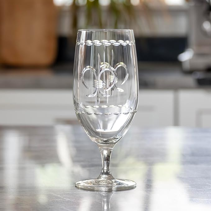 Rolf Glass Fleur De Lis Iced Tea Glass | 16oz Set of 4 Glasses | Lead-Free Diamond-Wheel Engraved Glass | Made in the USA